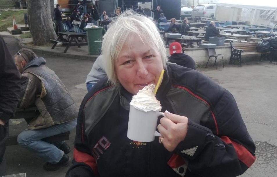 Sharon enjoying her first ever famous Squires drinking chocolate
