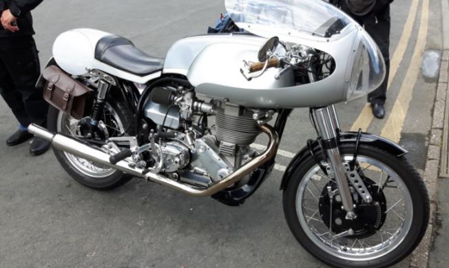 Immaculate Norton with BSA Goldstar power unit outside cafe