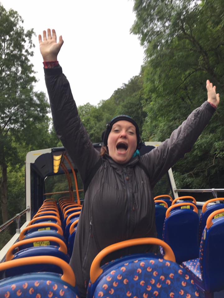 Clare on the roller coaster bus