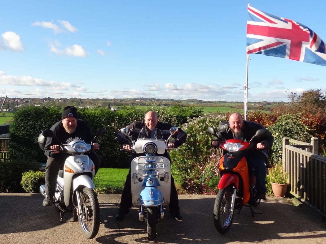 Keithy Bear, Steve Travis (Wakefield Rep) and Manny (Leeds and Yorkshire Rep) on their inappropriate bikes